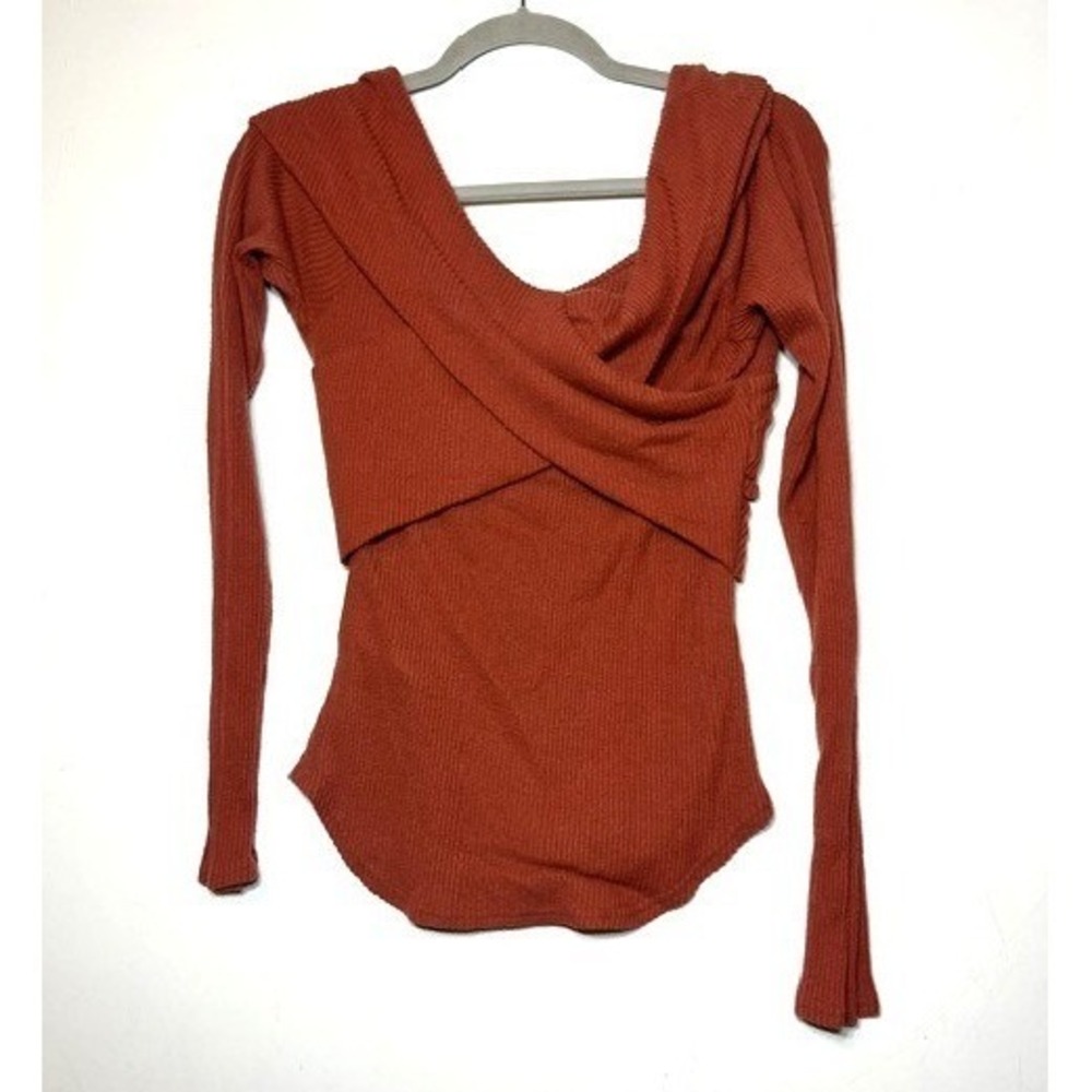 Free People Womens Rust Orange Ribbed Surplice Marley Long Sleeve Top Size M